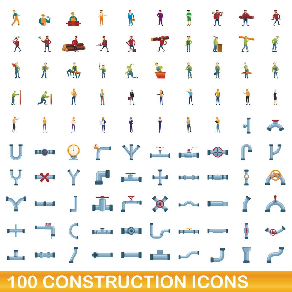 100 iconos de construcción, estilo de dibujos animados vector