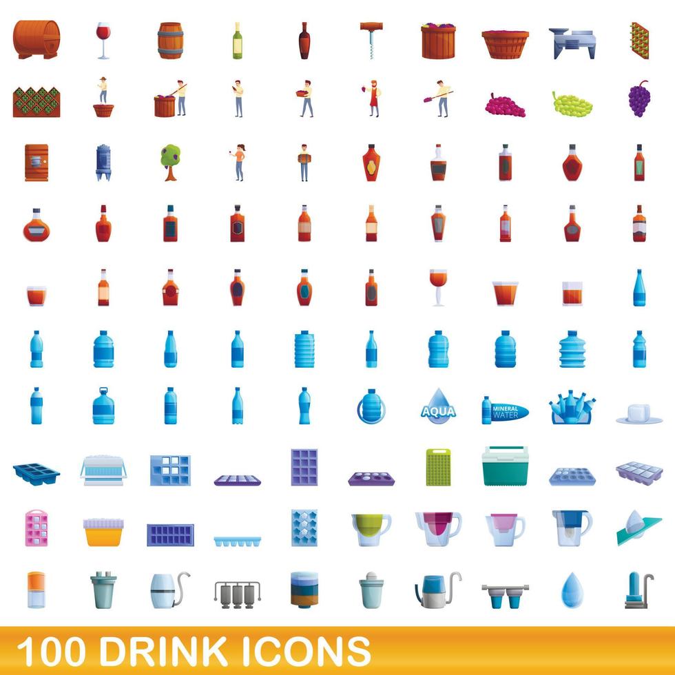 100 drink icons set, cartoon style vector