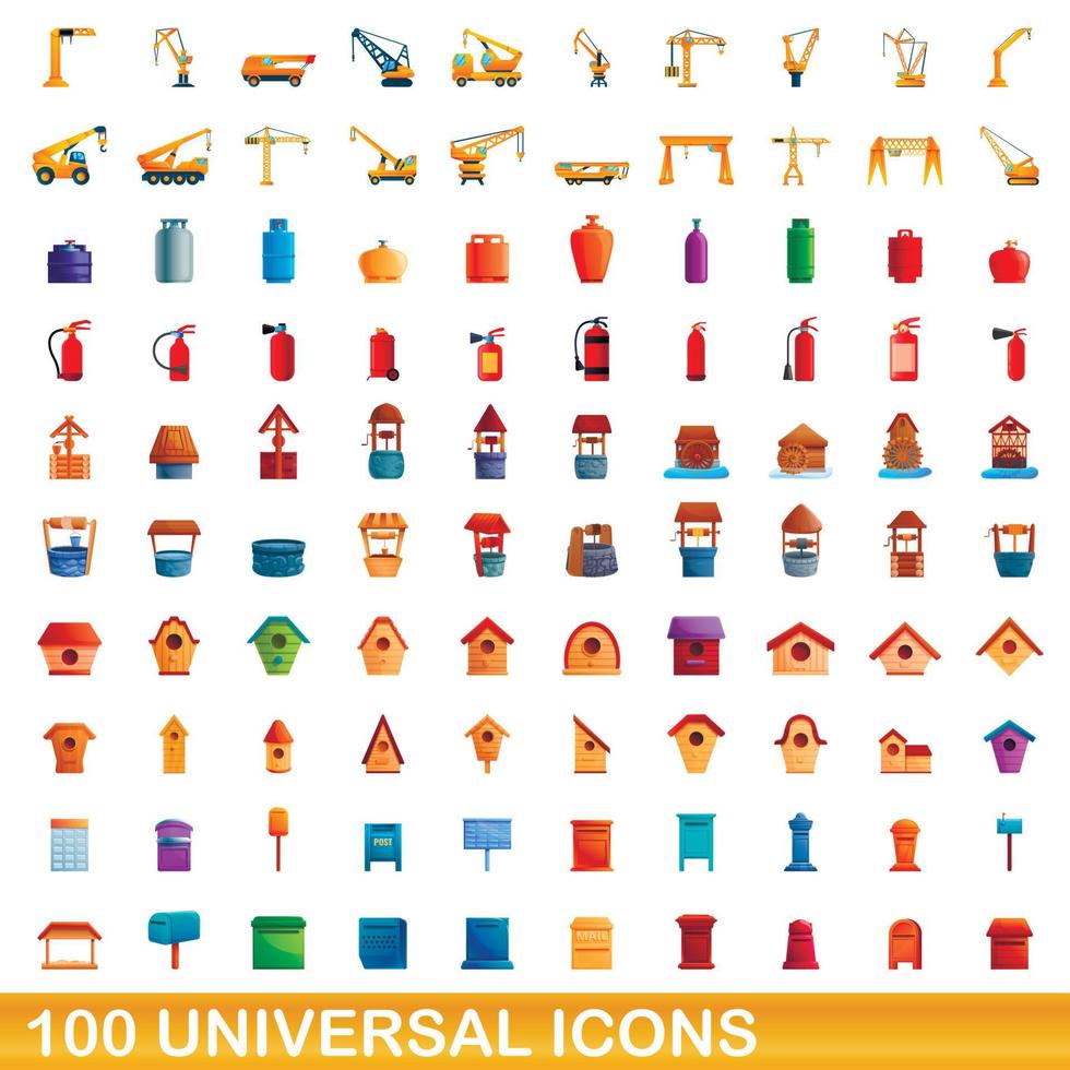 100 iconos universales, estilo de dibujos animados vector