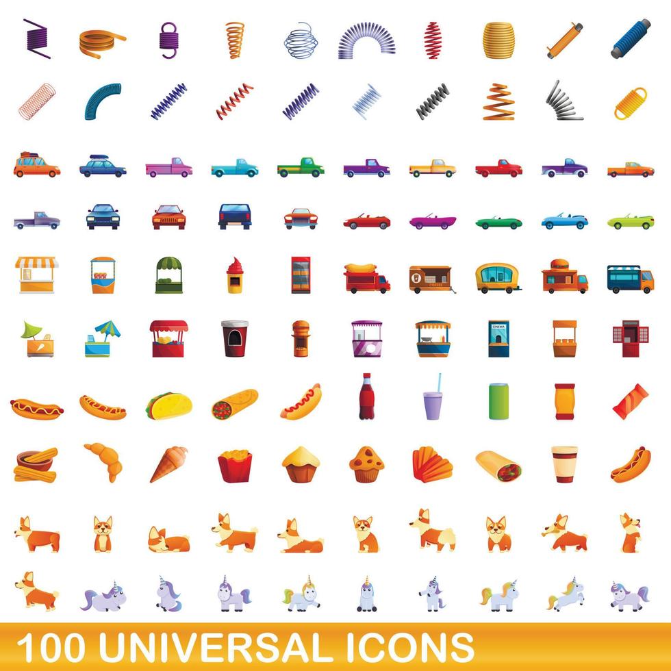 100 universal icons set, cartoon style vector