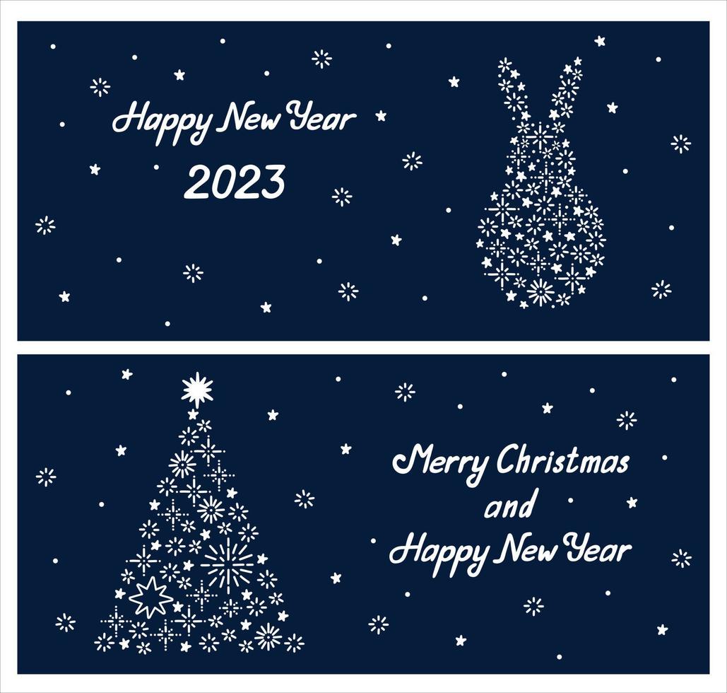 tarjetas de felicitación de año nuevo 2023 con siluetas de conejo y árbol de navidad. copos de nieve y formas de estrellas fondo de garabato dibujado a mano. plantilla de banner de invierno para web e impresión vector