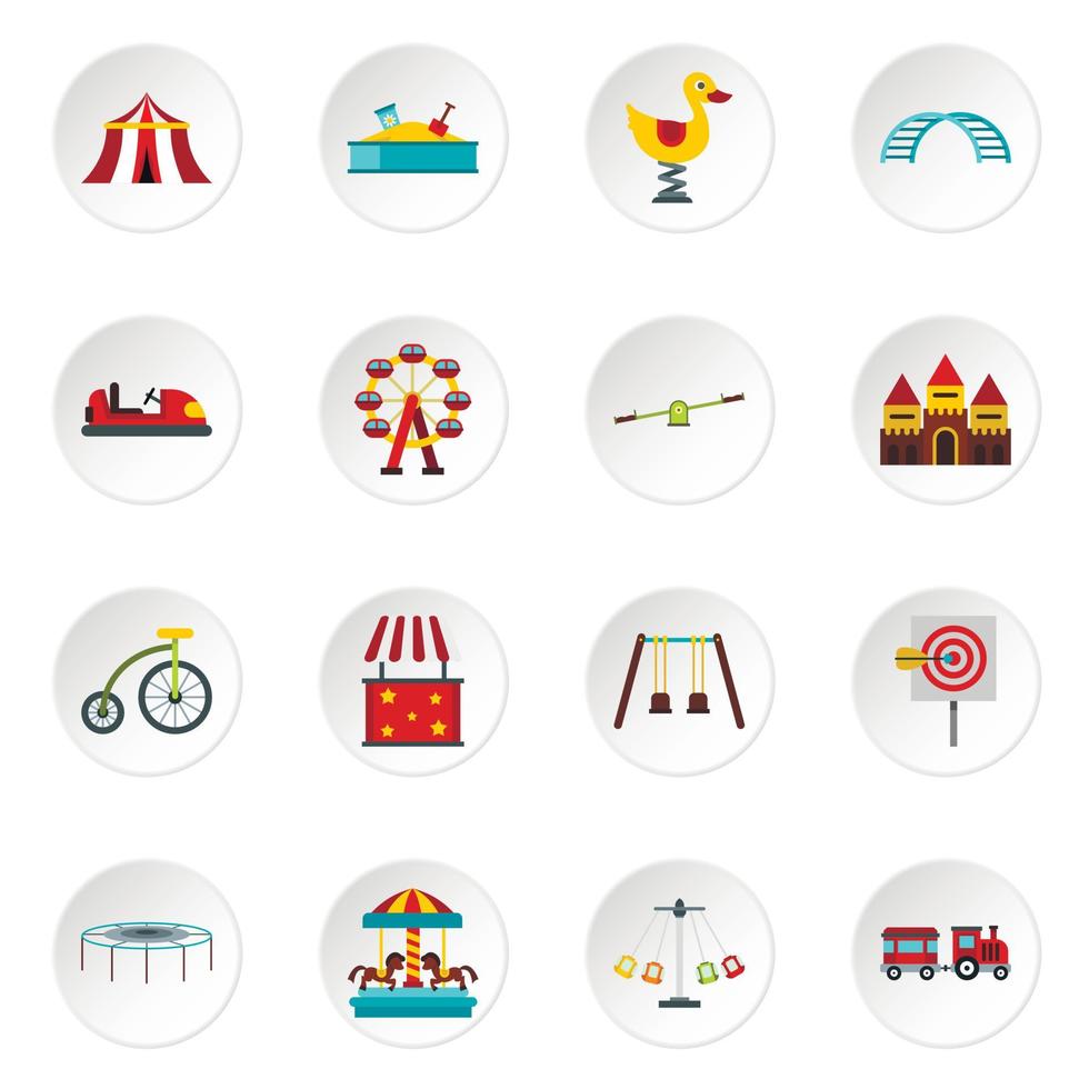 conjunto de iconos de parque de atracciones, estilo plano vector