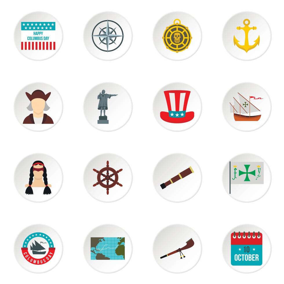 Columbus Day icons set, flat style vector