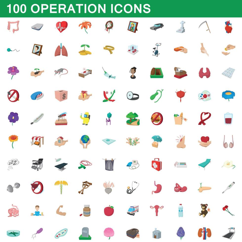 100 operation icons set, cartoon style vector