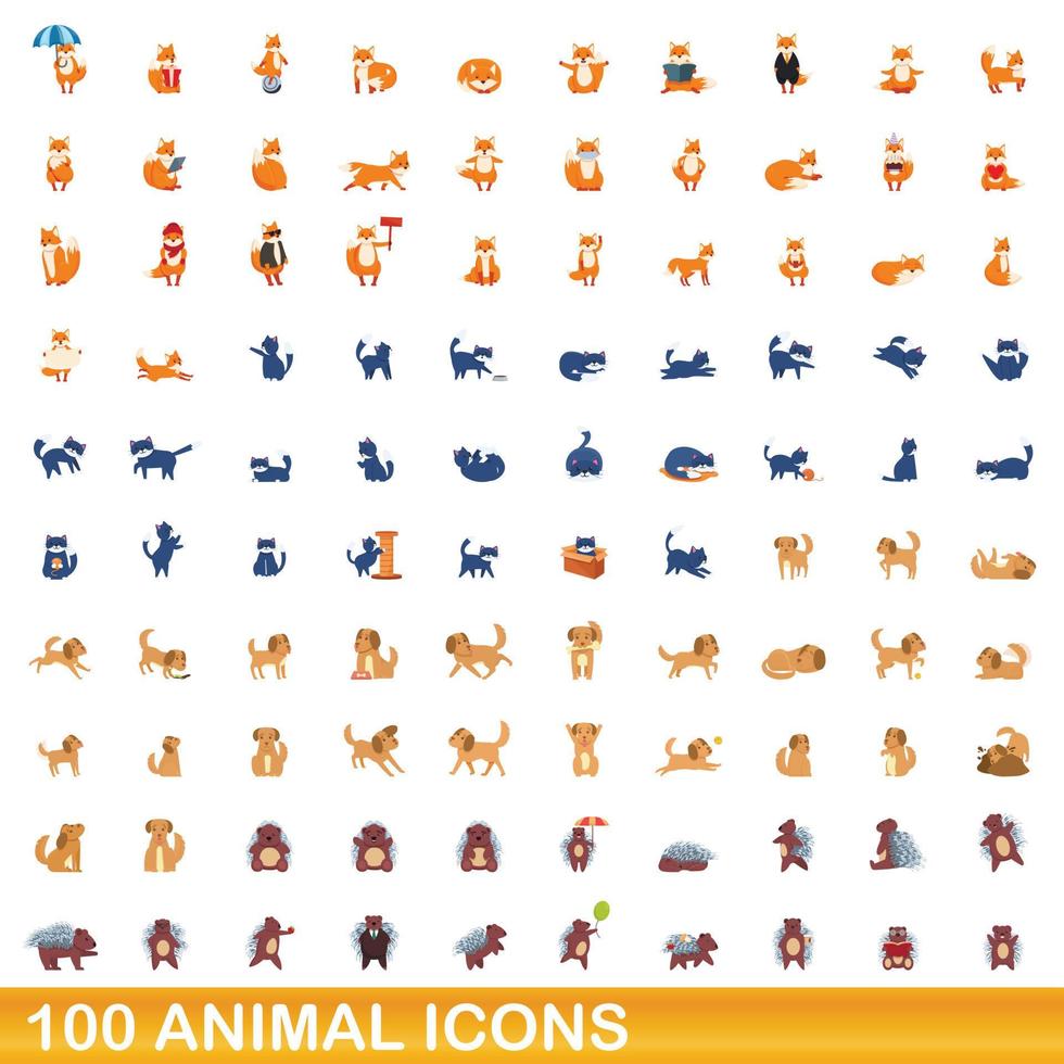 100 animales, conjunto de iconos de estilo de dibujos animados vector