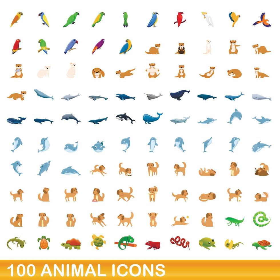 100 animales, conjunto de iconos de estilo de dibujos animados vector