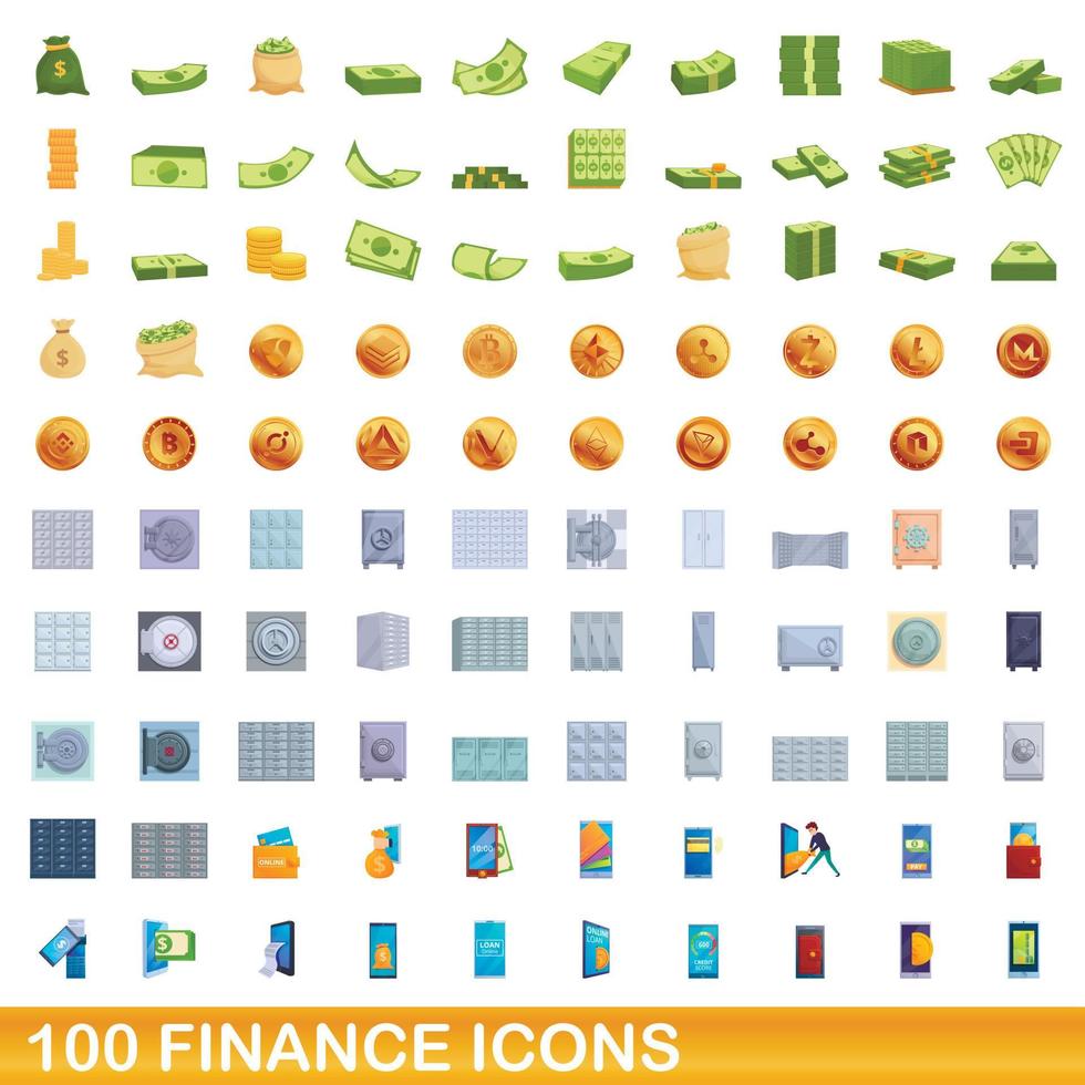 100 finance icons set, cartoon style vector