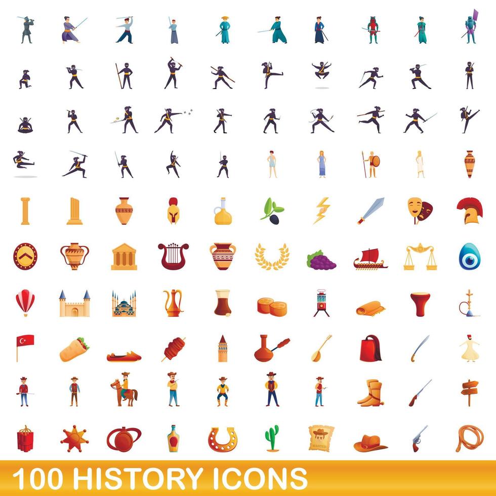 100 iconos de historia, estilo de dibujos animados vector