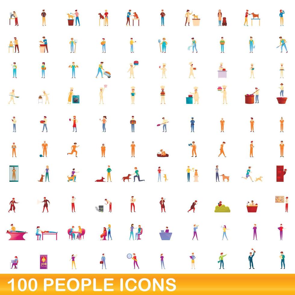 100 people icons set, cartoon style vector