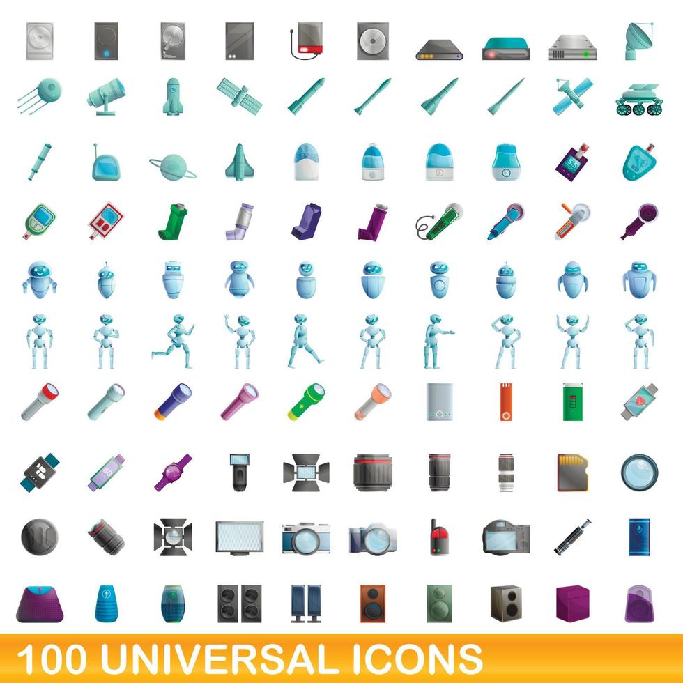 100 universal icons set, cartoon style vector