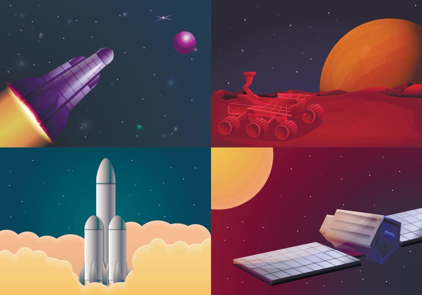 Modern space research technology banner set, cartoon style vector