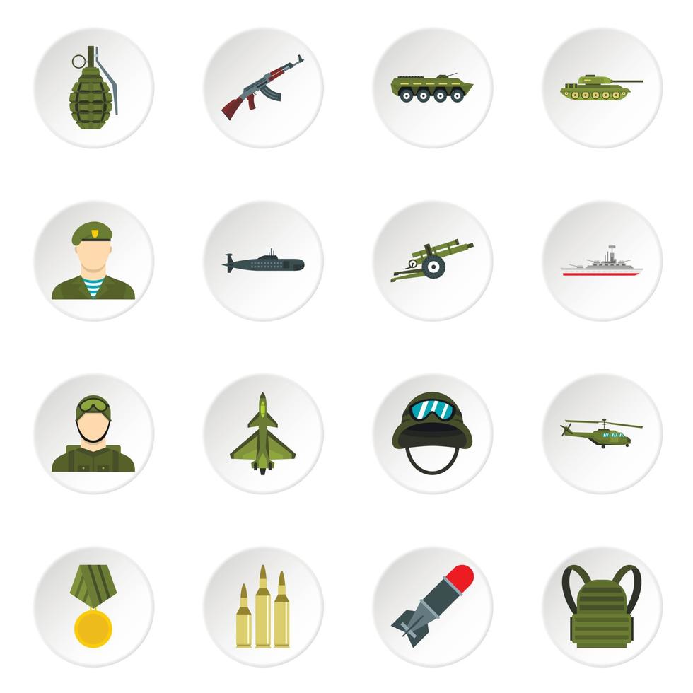 Military icons set, flat style vector