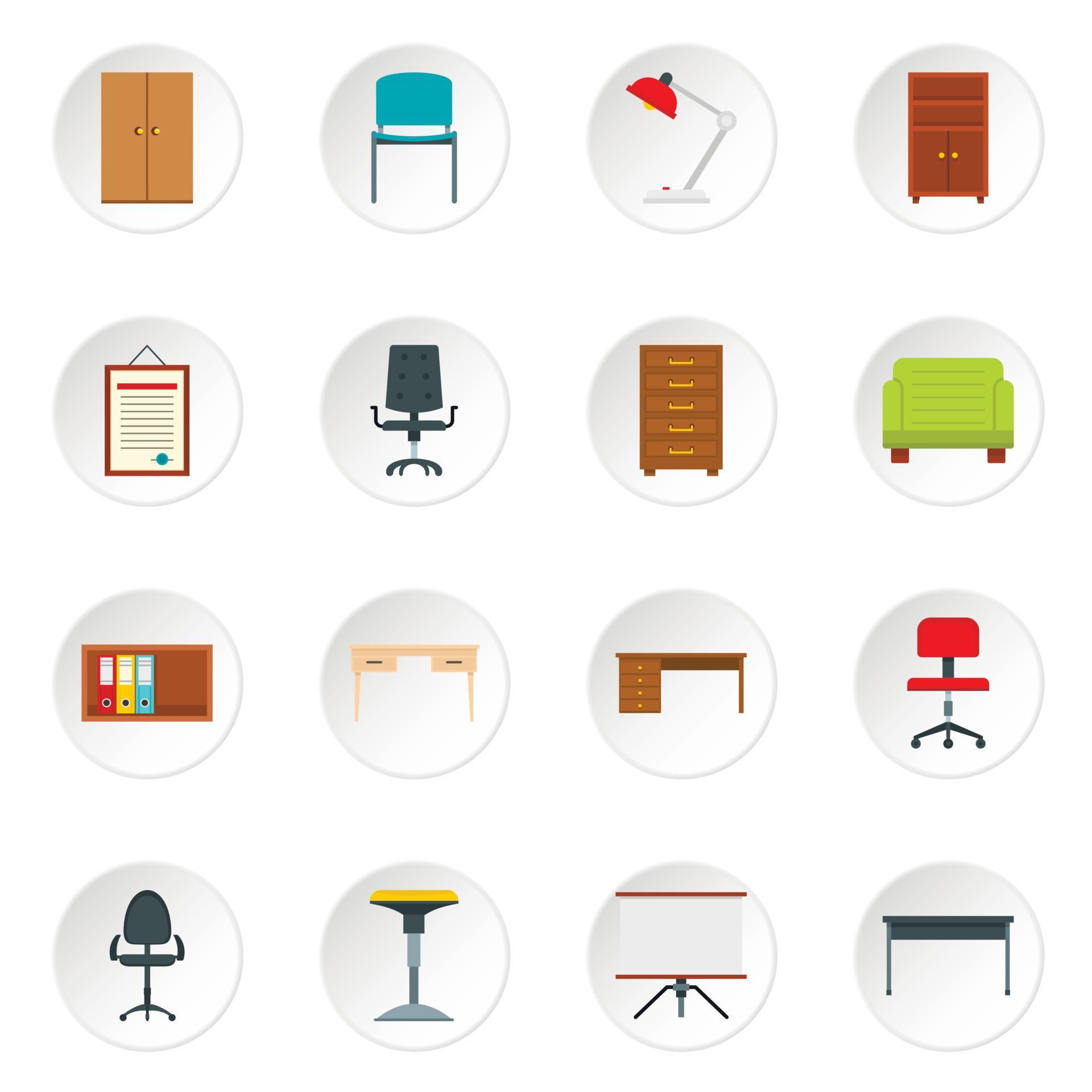 Office furniture icons set in flat style 8997178 Vector Art at Vecteezy