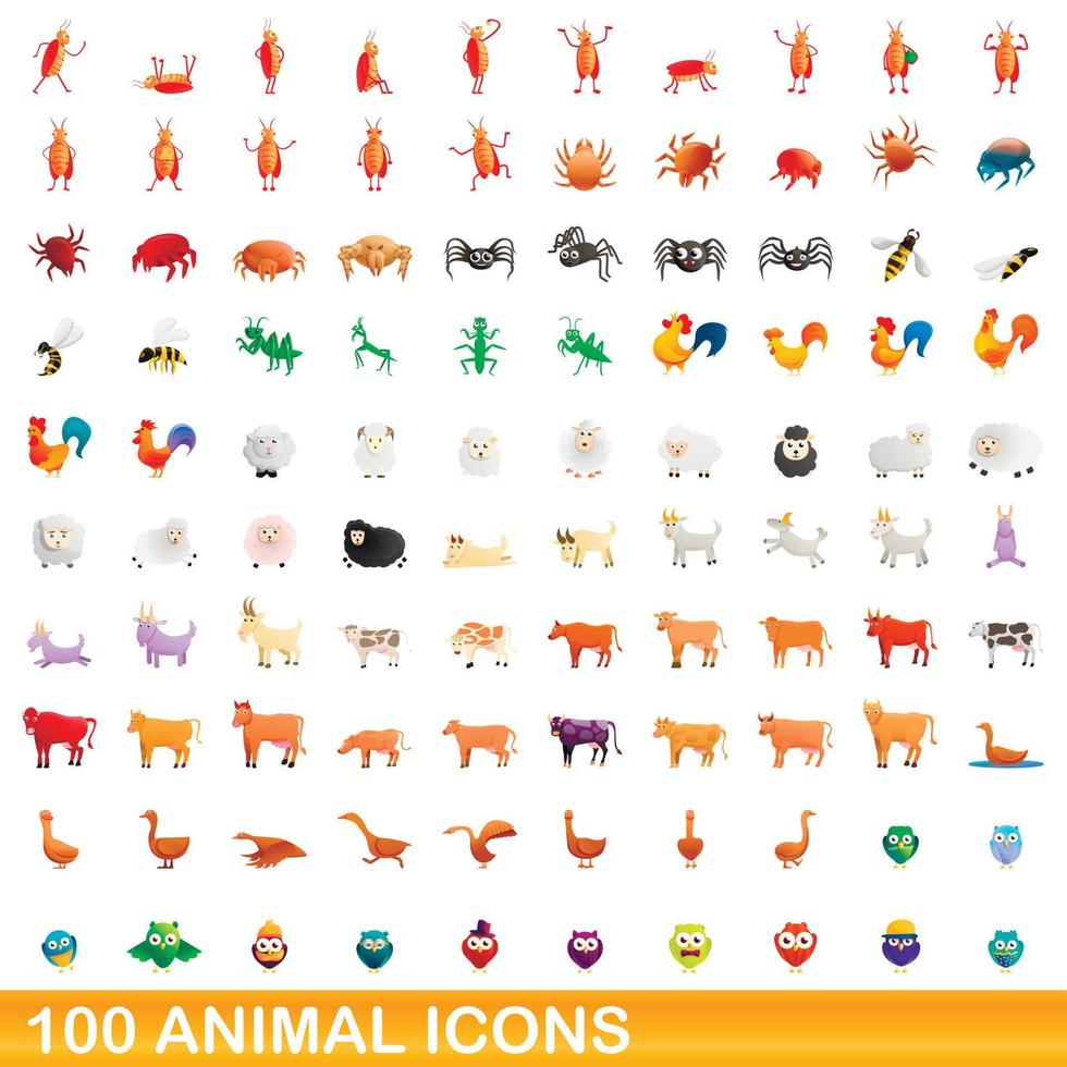 100 animales, conjunto de iconos de estilo de dibujos animados vector