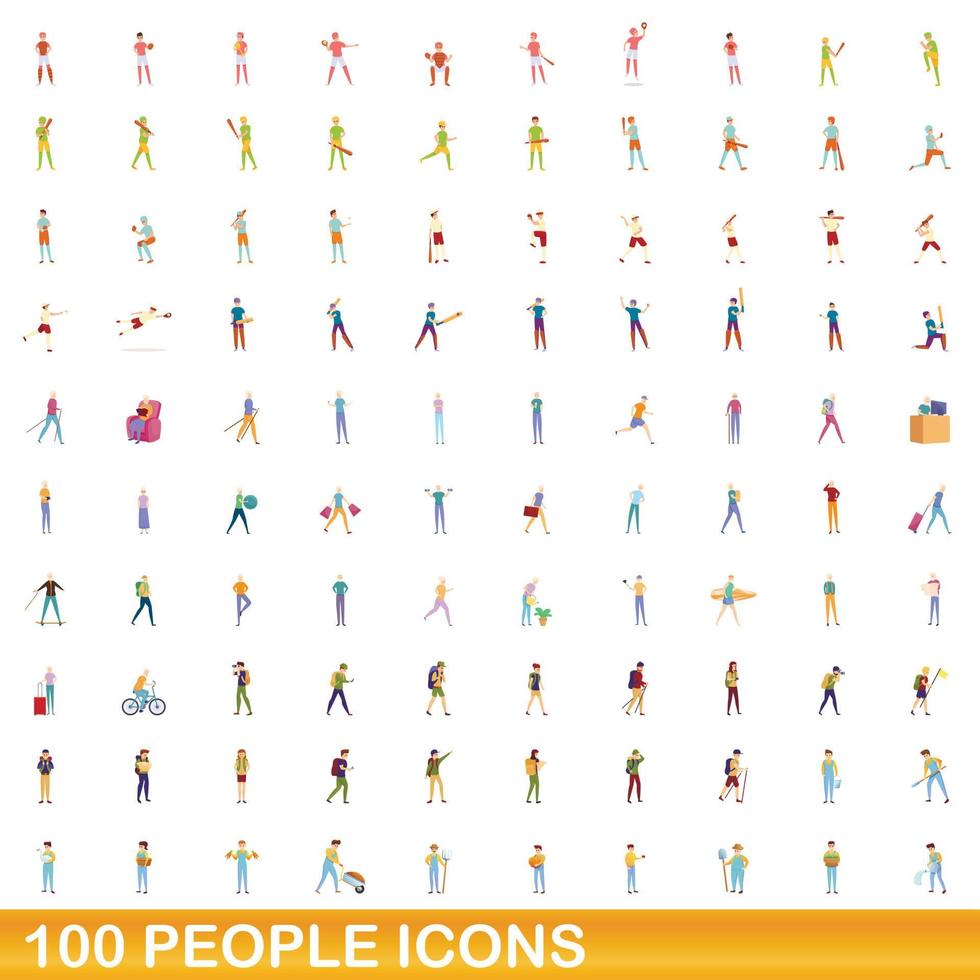 100 people icons set, cartoon style vector