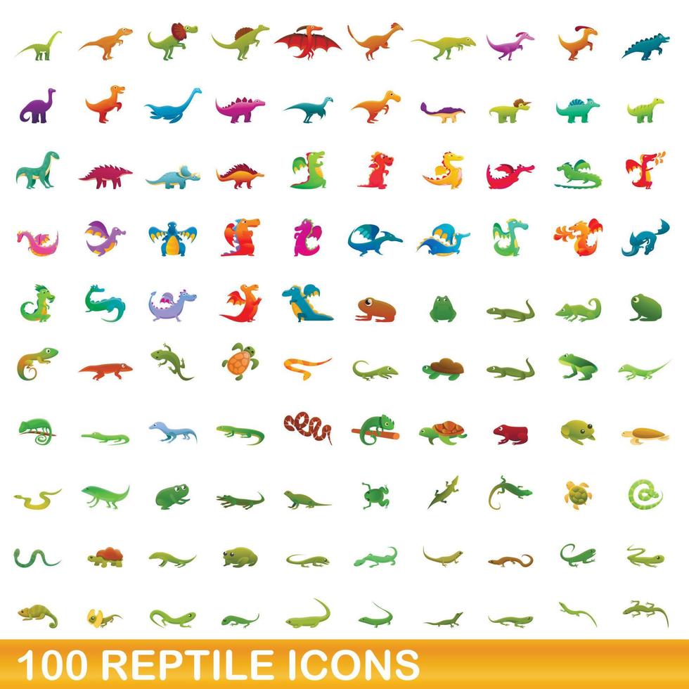 100 reptile icons set, cartoon style vector