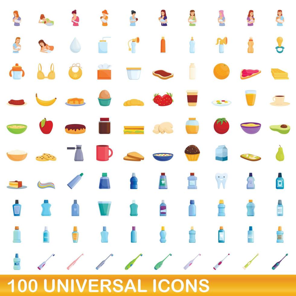 100 iconos universales, estilo de dibujos animados vector