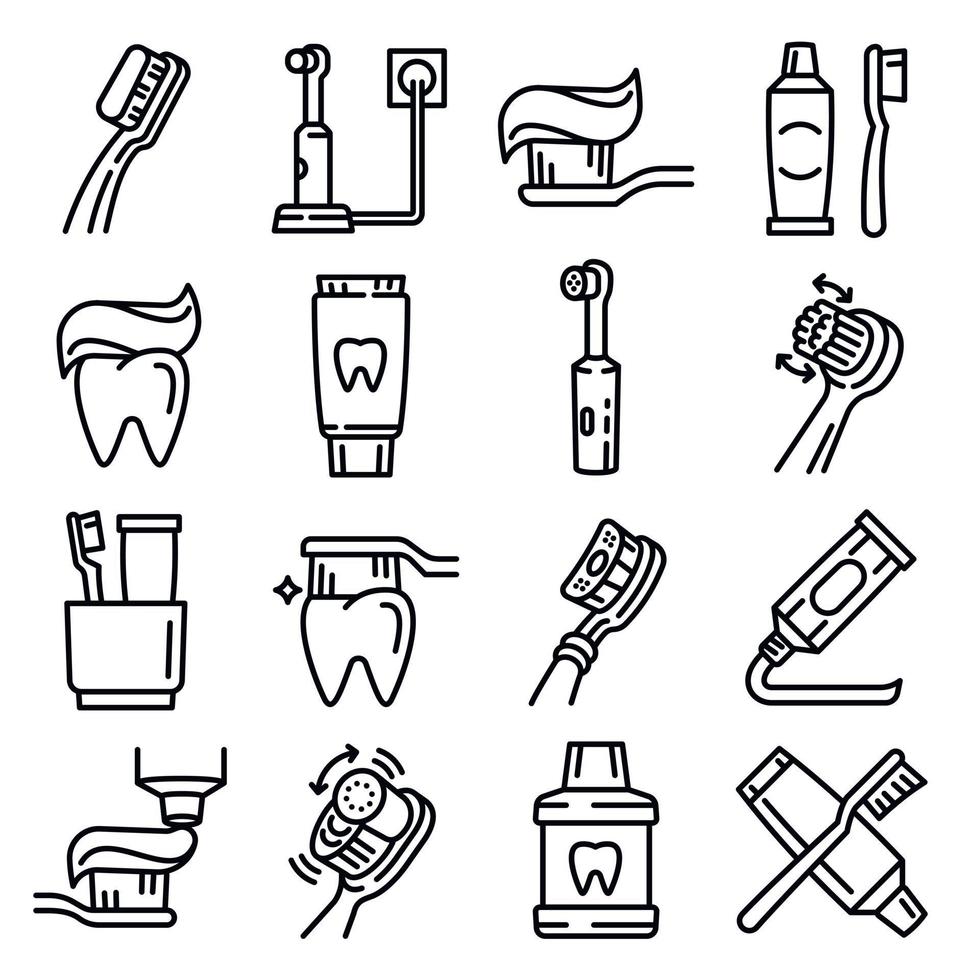 conjunto de iconos de cepillo de dientes, estilo de esquema vector