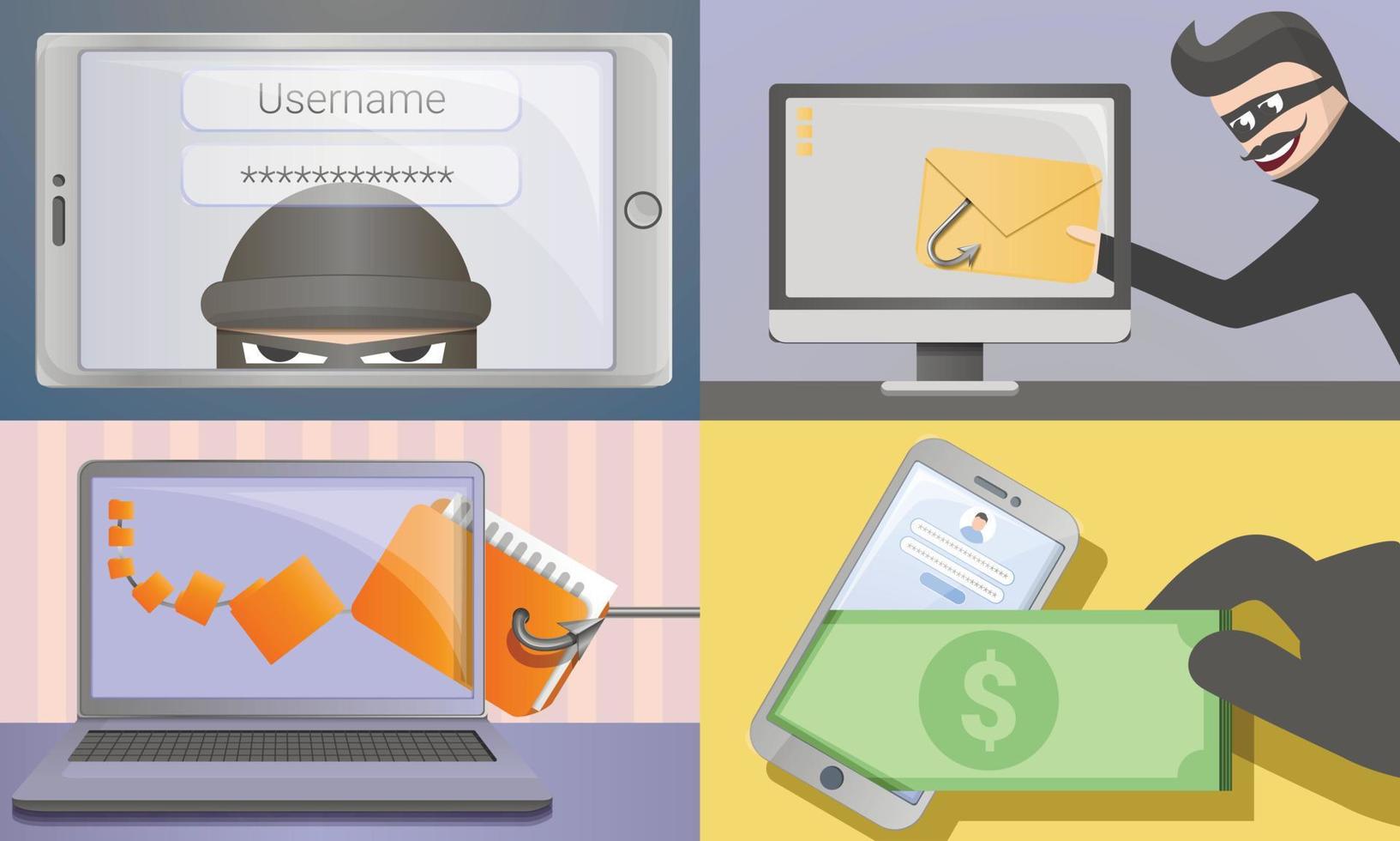 Phishing banner set, cartoon style vector