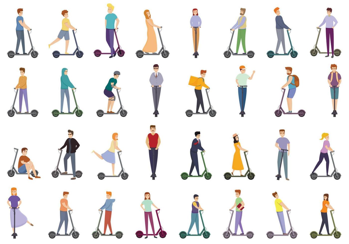 Electric scooter icons set, cartoon style vector