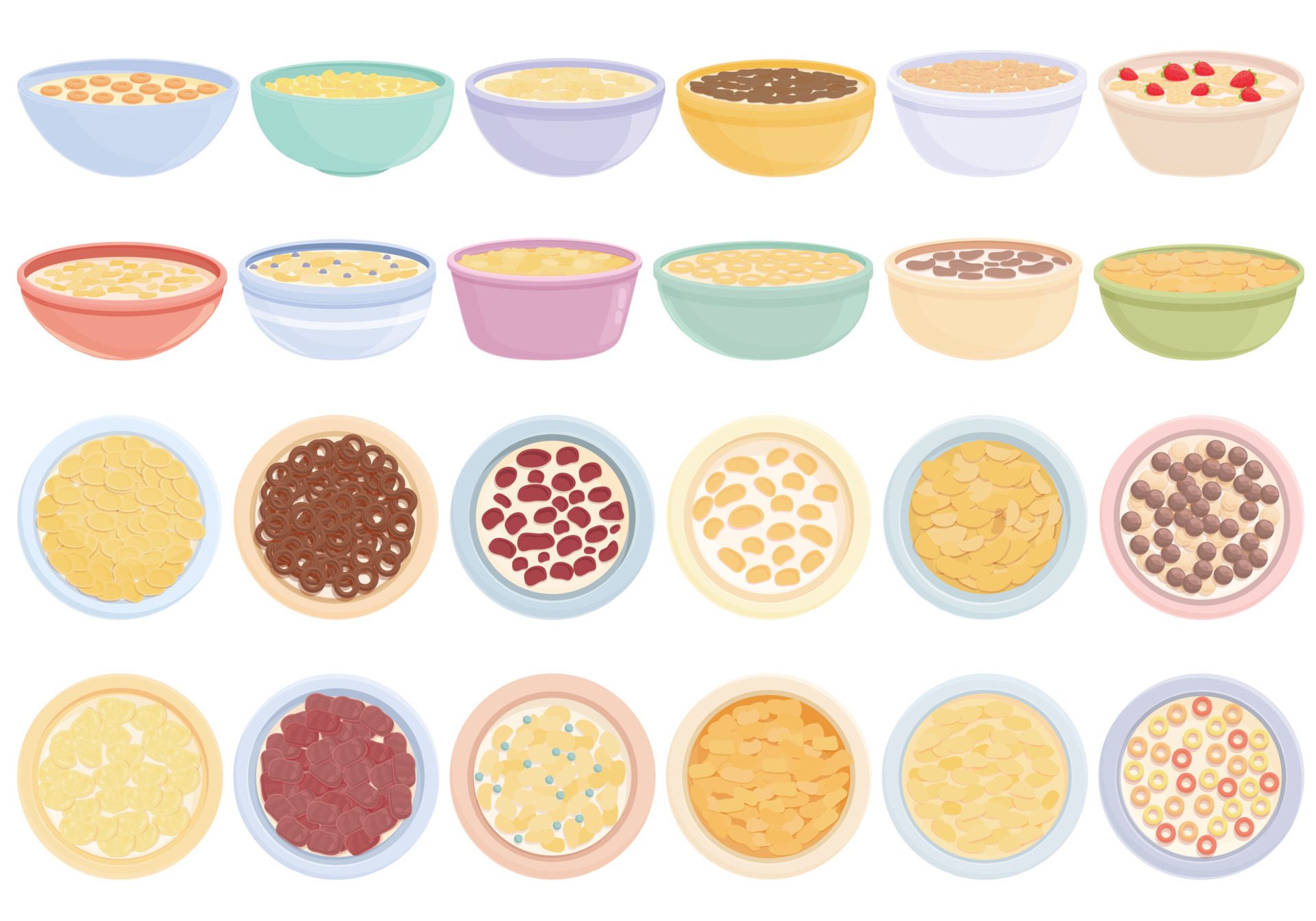 iconos de cereales de desayuno establecer vector de dibujos animados.  bocadillo de granola 8997240 Vector en Vecteezy