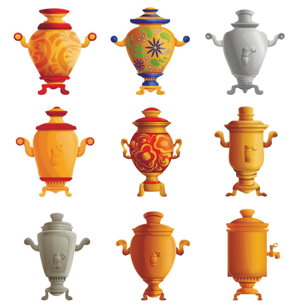 Conjunto de iconos de samovar, estilo de dibujos animados vector