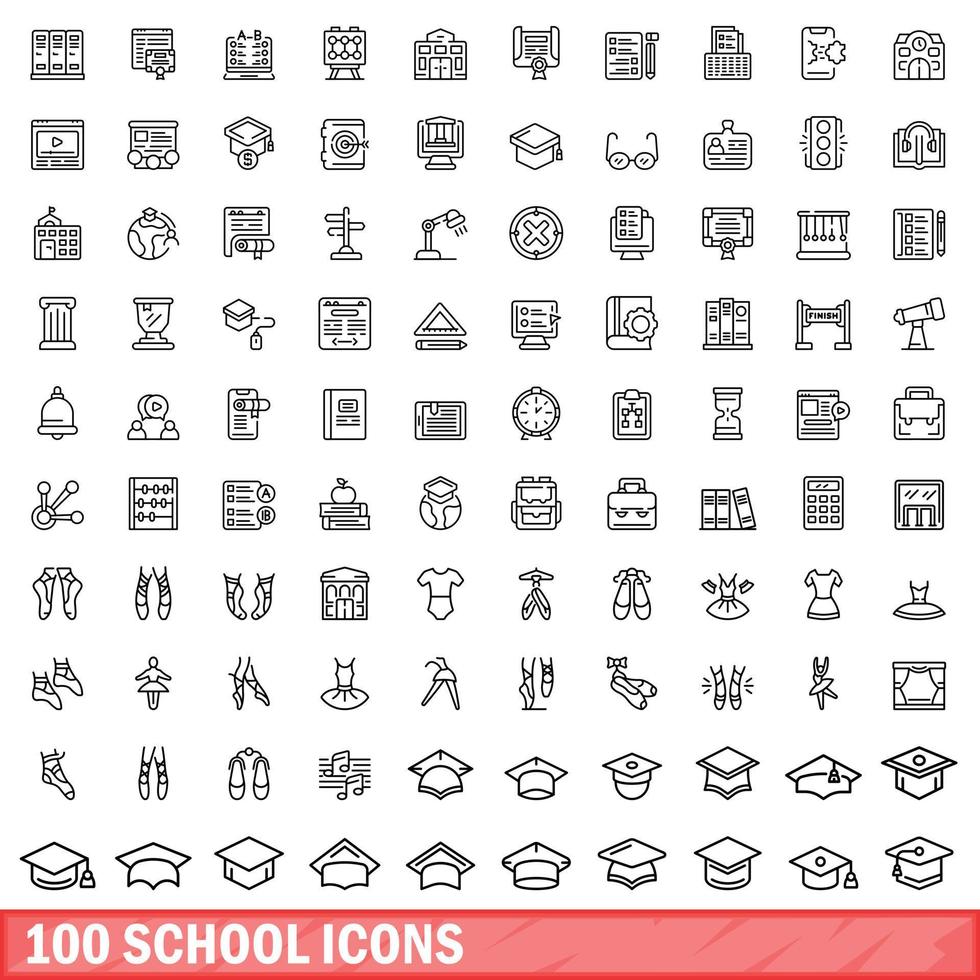 100 iconos escolares establecidos, estilo de esquema vector