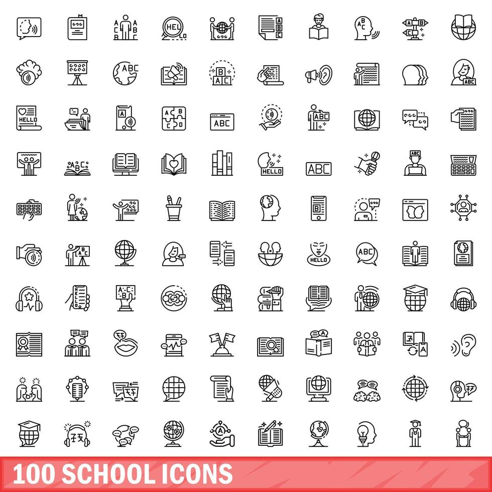 100 school icons set, outline style vector
