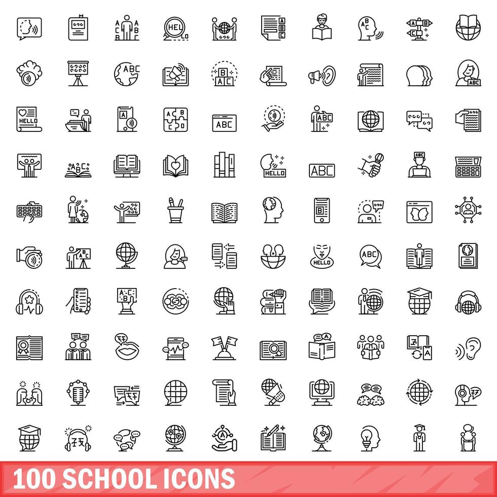 100 iconos escolares establecidos, estilo de esquema vector