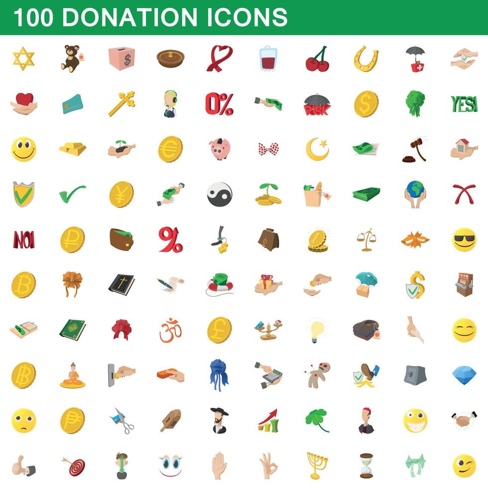 100 donation icons set, cartoon style vector