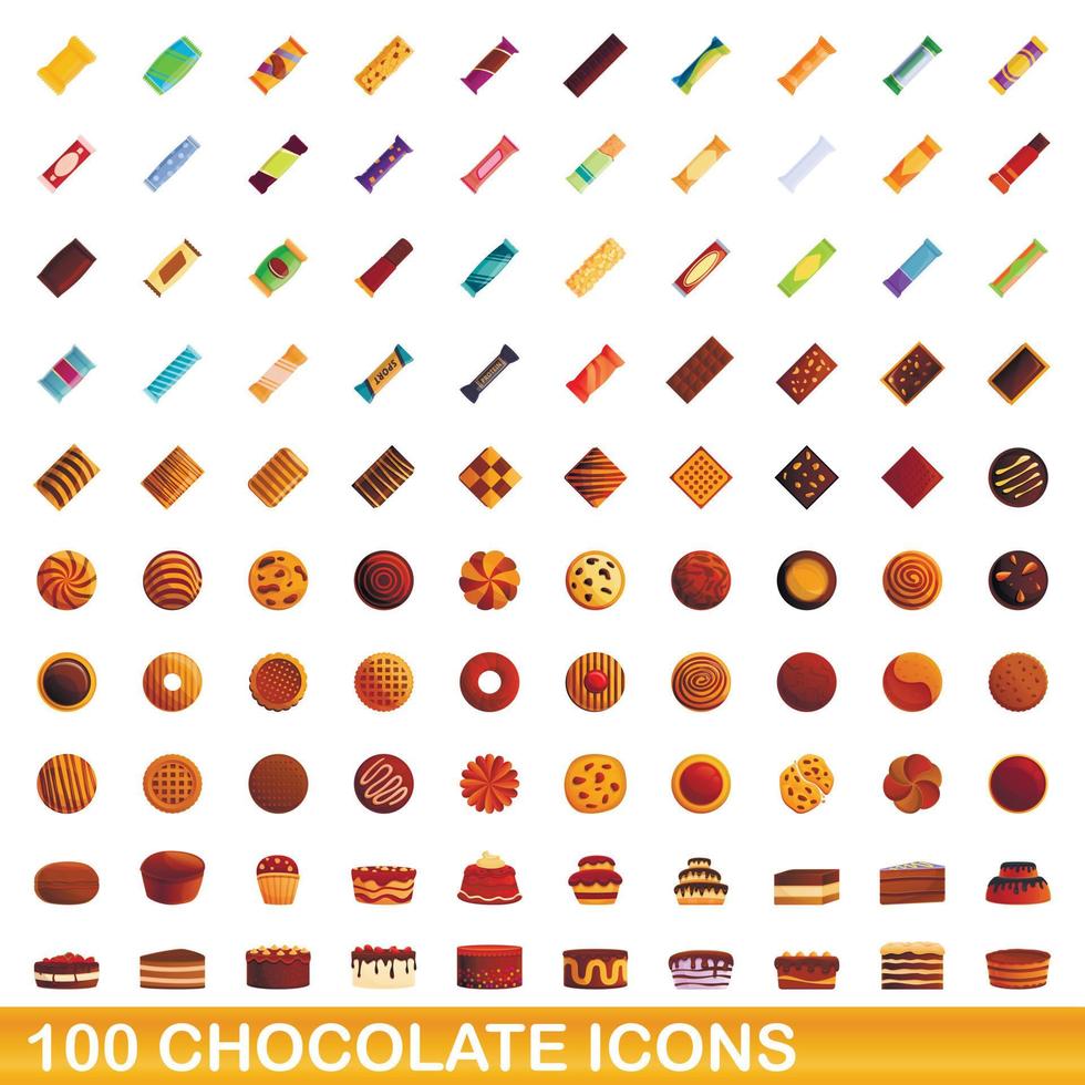 100 chocolate icons set, cartoon style vector