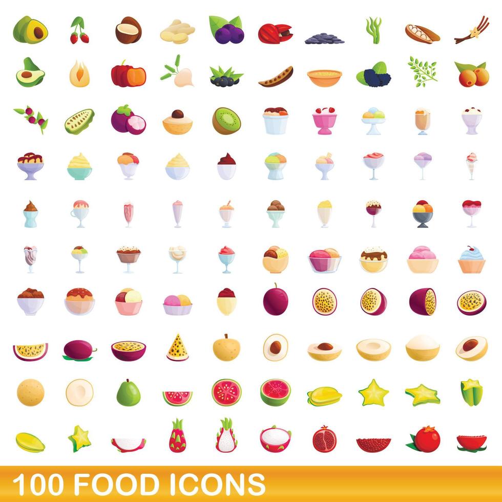 100 food icons set, cartoon style vector