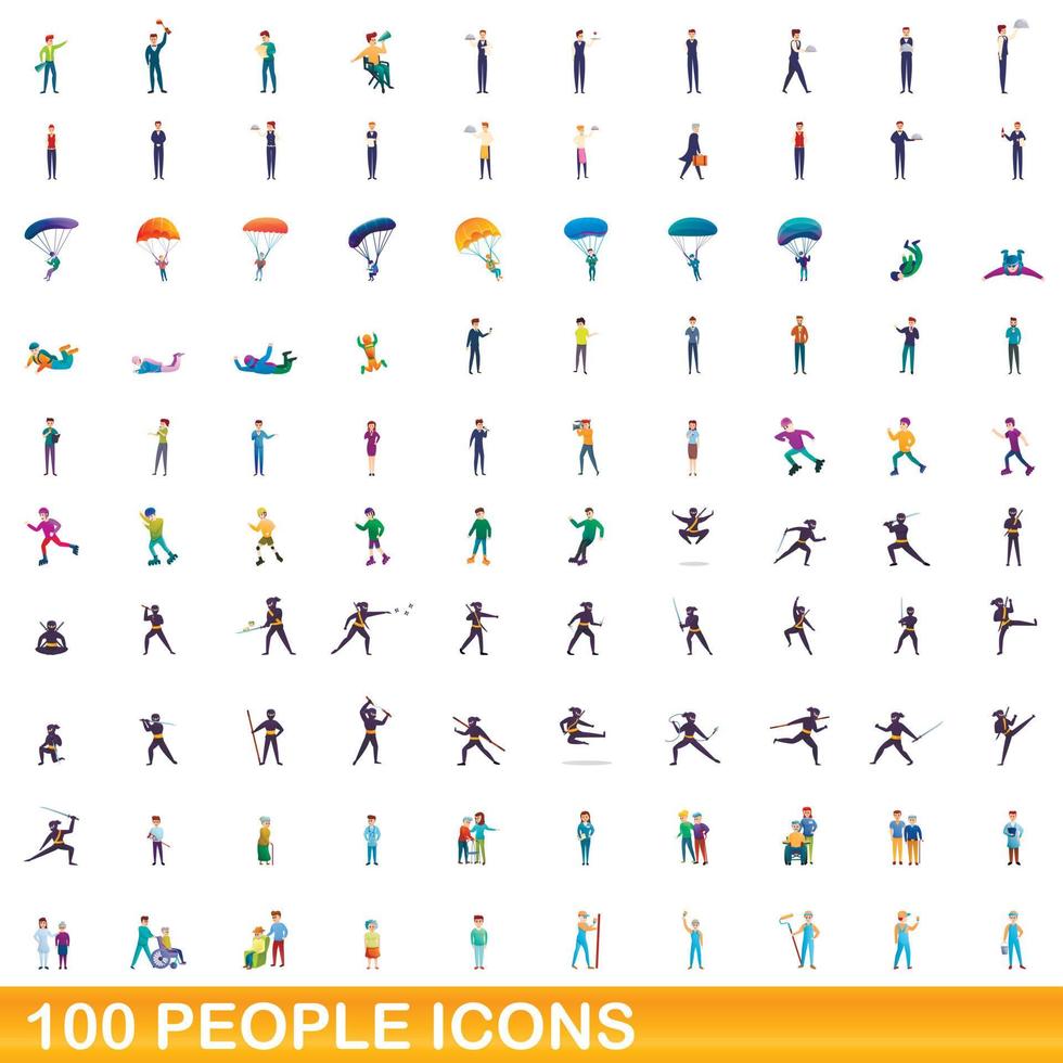 100 people icons set, cartoon style vector