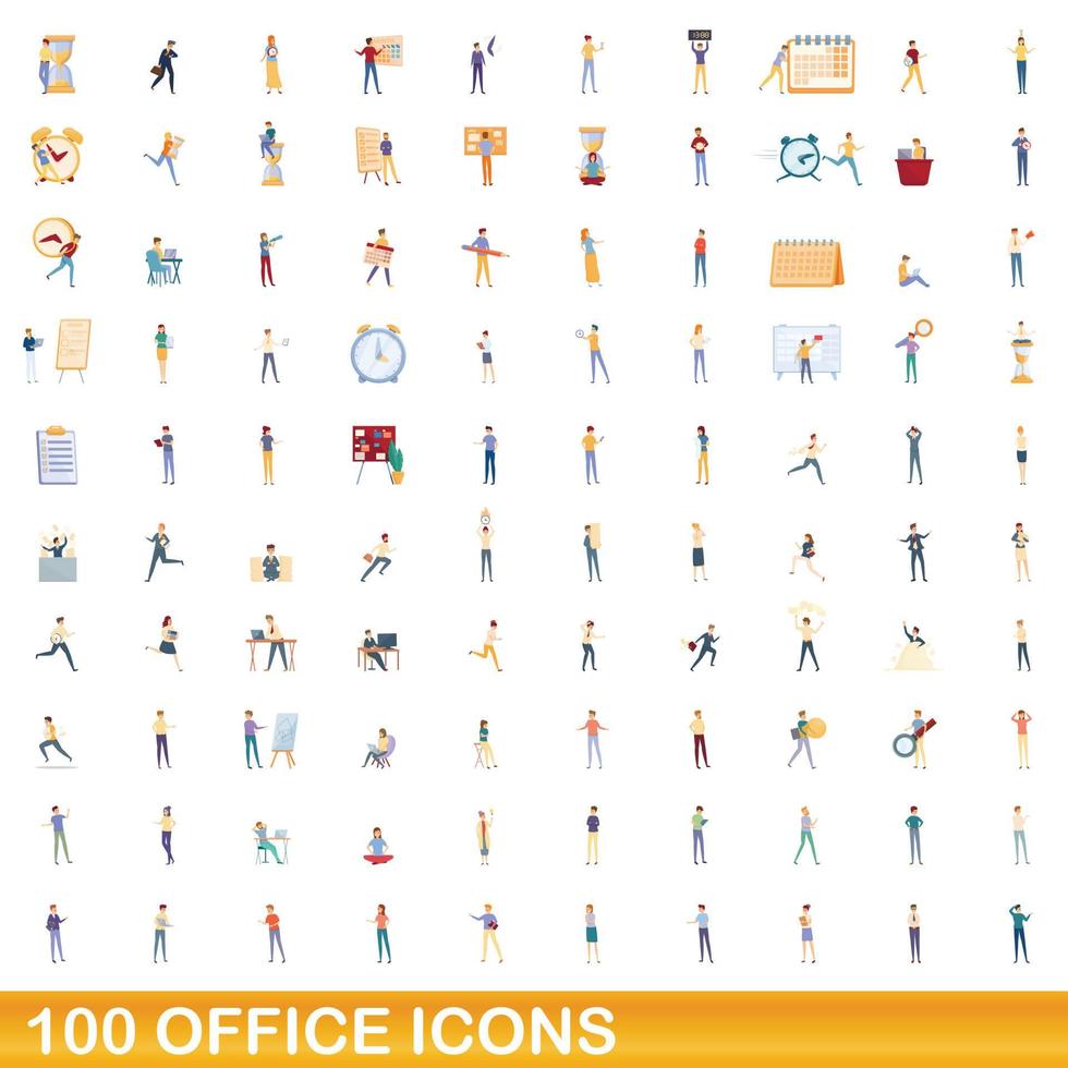 100 office icons set, cartoon style vector