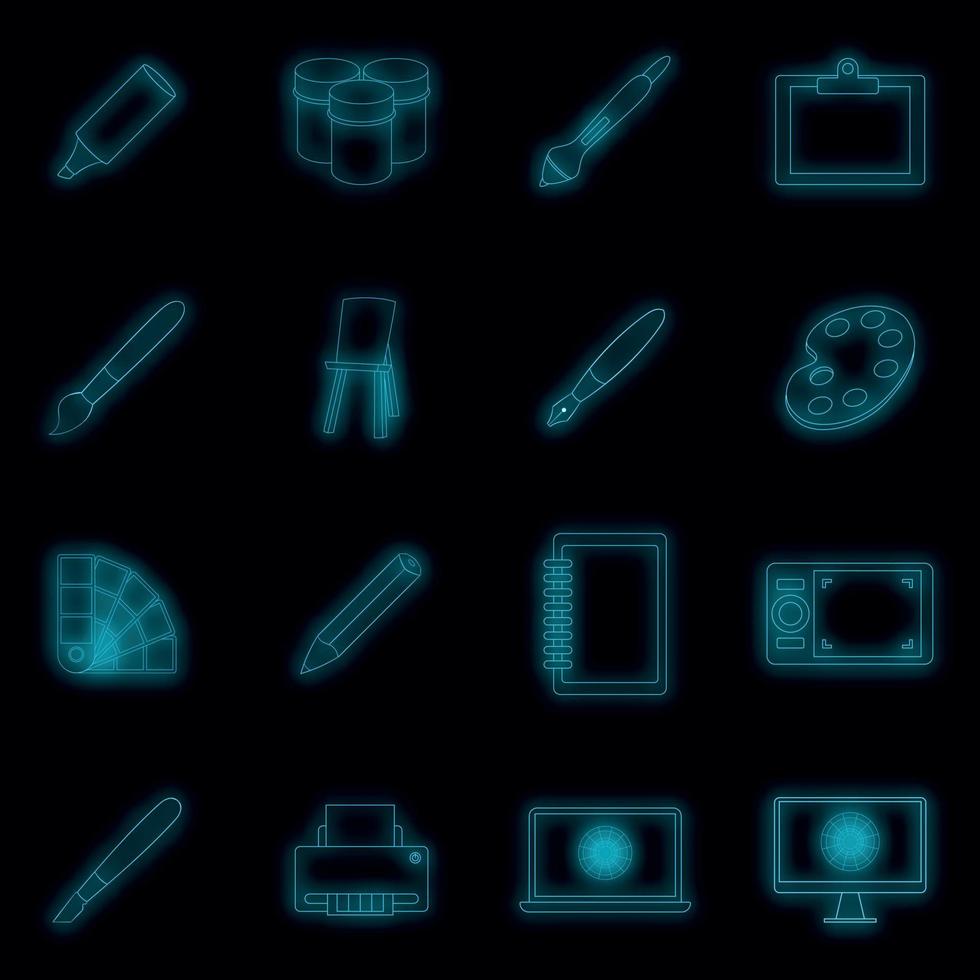 Drawing and painting tool icons set vector neon