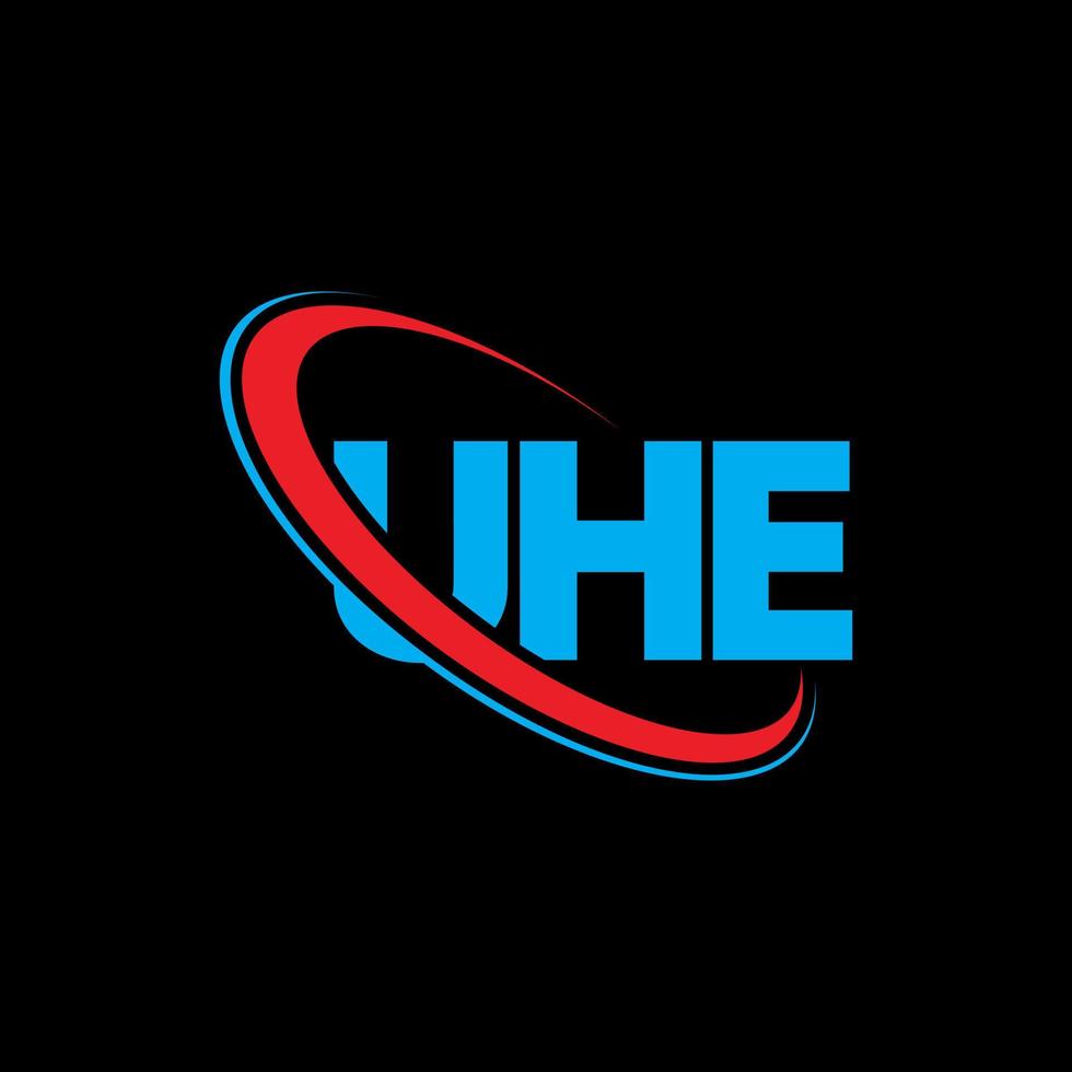 uhe logo. eh carta. diseño del logotipo de la letra uhe. logotipo de las iniciales uhe vinculado con un círculo y un logotipo de monograma en mayúsculas. uhe tipografía para tecnología, negocios y marca inmobiliaria. vector