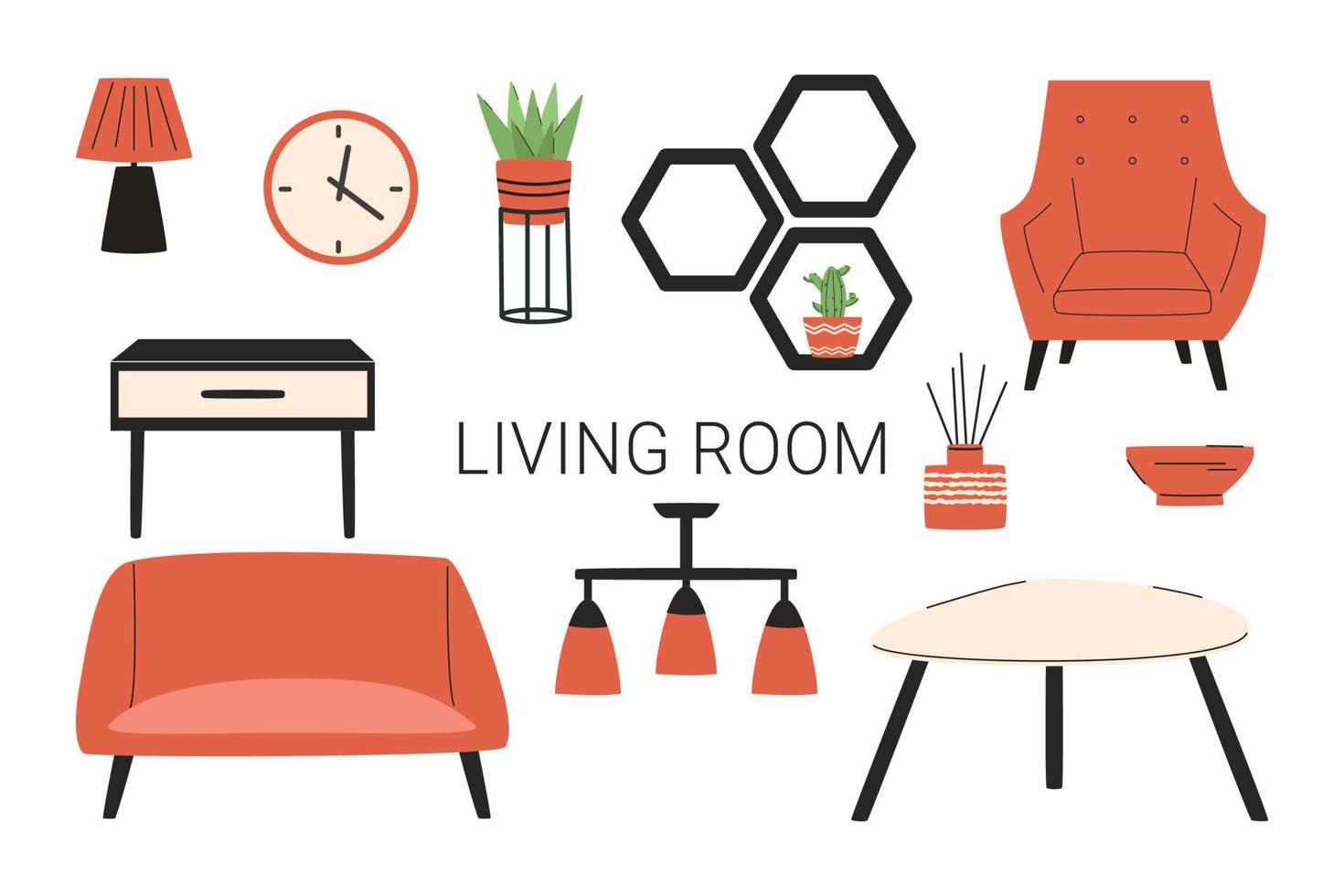 Scandinavian interior set. Cozy furniture. Living room furniture. Hygge style interior. Flat vector illustration.