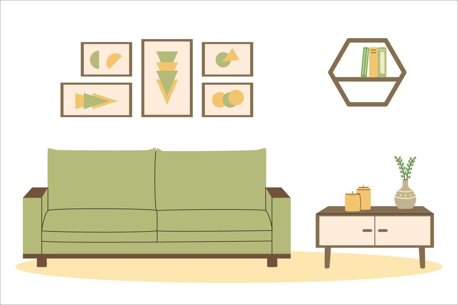 Cozy scandinavian interior. Living room. Couch and pedestal table. Hygge home. Flat vector illustration.