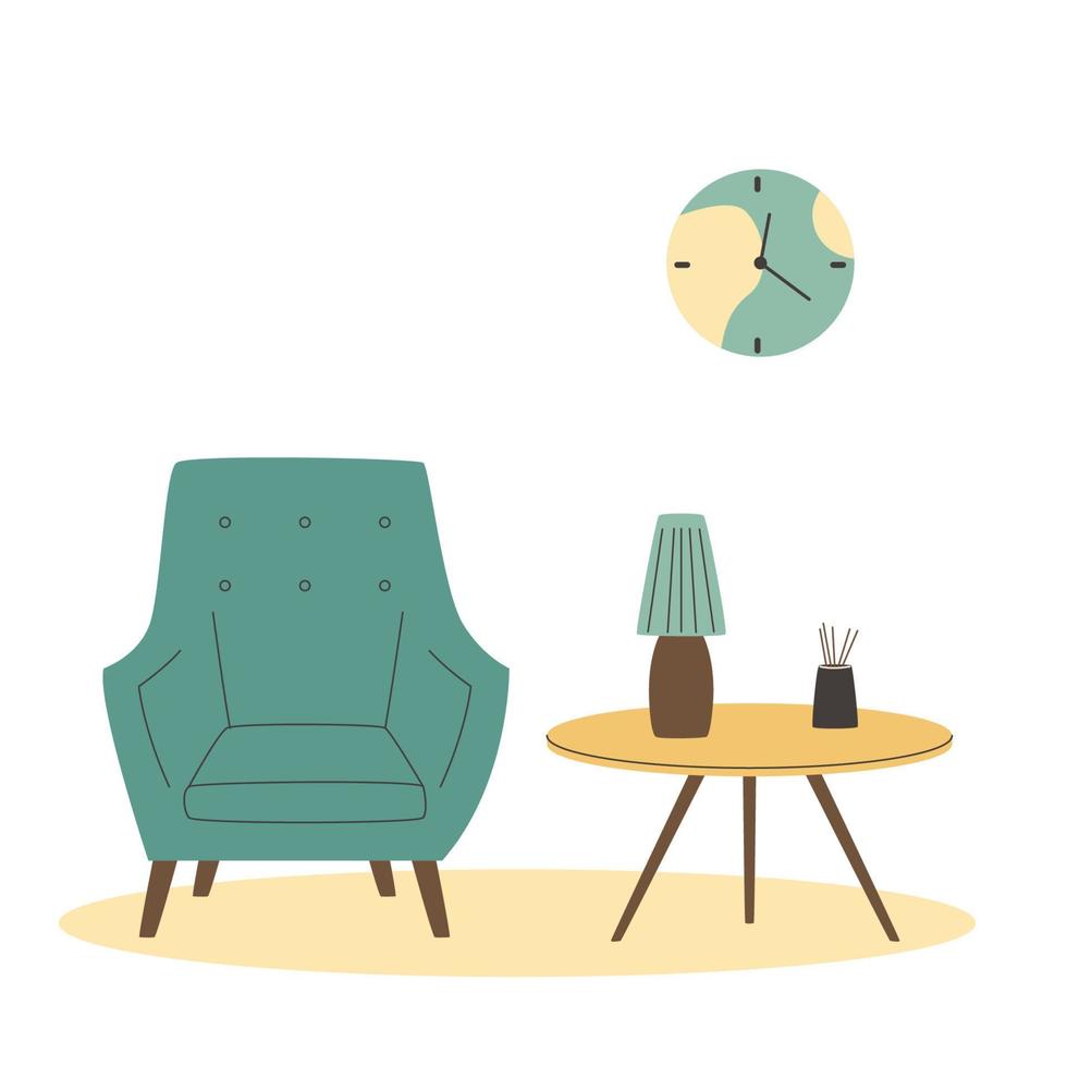 interior escandinavo. sillón y mesa. acogedora sala de estar ilustración vectorial plana. moderno interior hygge escandinavo. vector