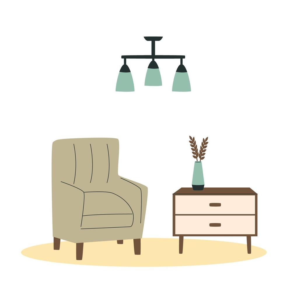 Scandinavian interior. Armchair and table. Cozy living room flat vector illustration. Trendy scandinavian hygge interior.