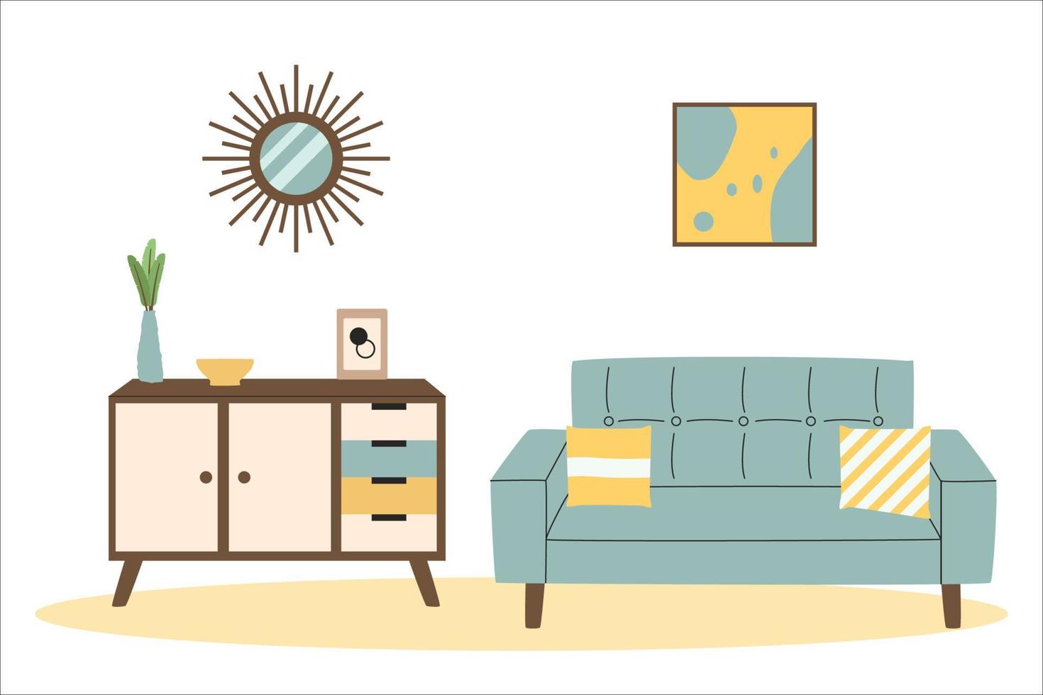 Cozy scandinavian interior. Living room. Couch and pedestal table. Hygge home. Flat vector illustration.