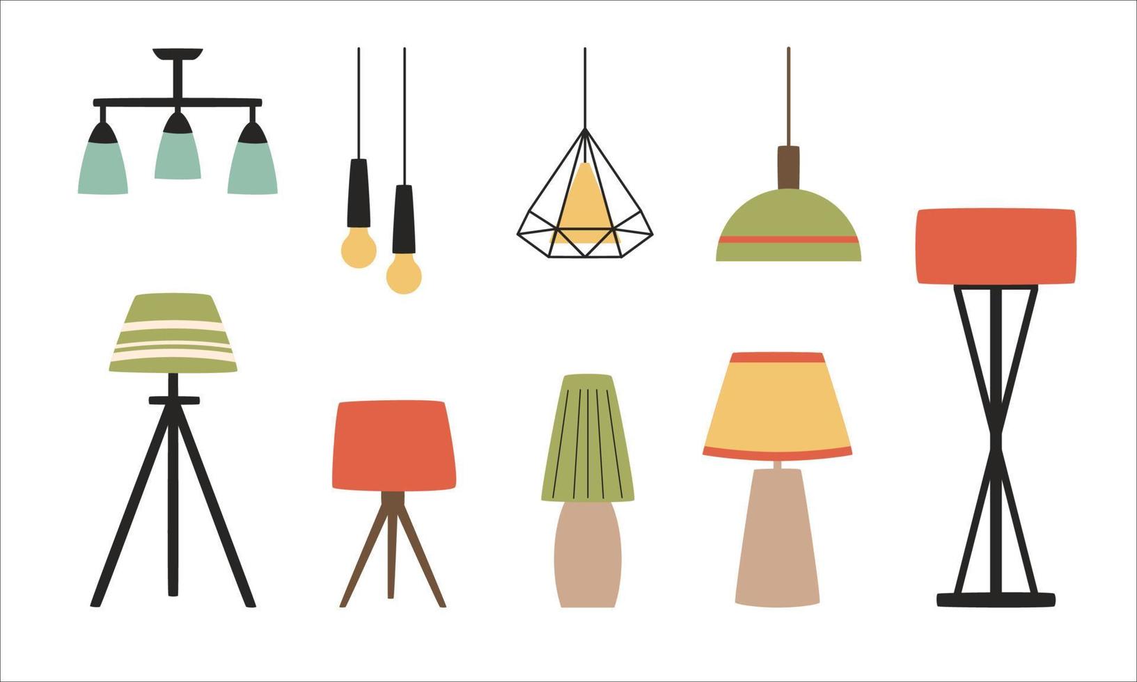 Set of lamp in modern style. Scandinavian ceiling lamp, table lamp, floor lamp. Flat vector Lighting elements.