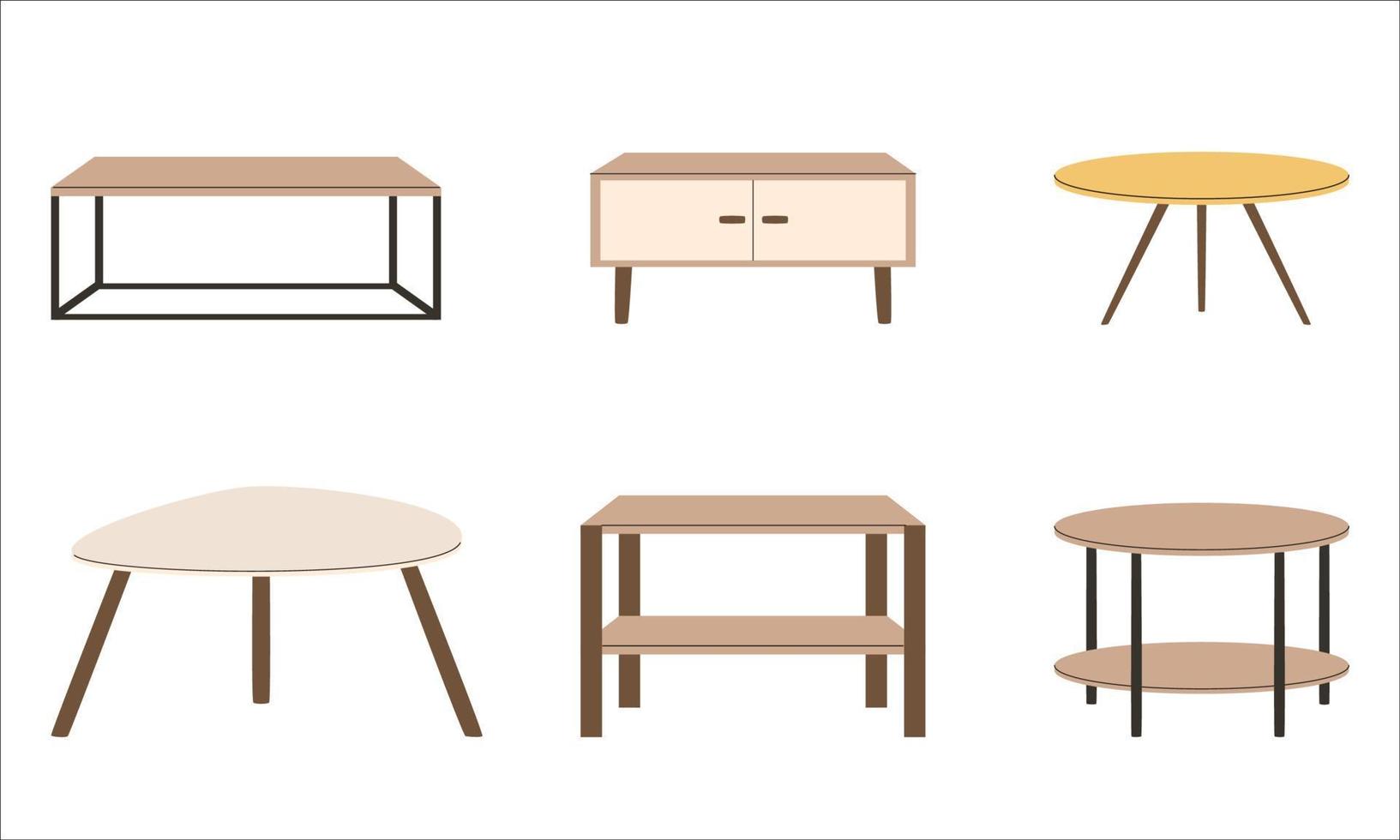 Set of tables in scandinavian style. Wooden flat coffee table. Vector illustration.