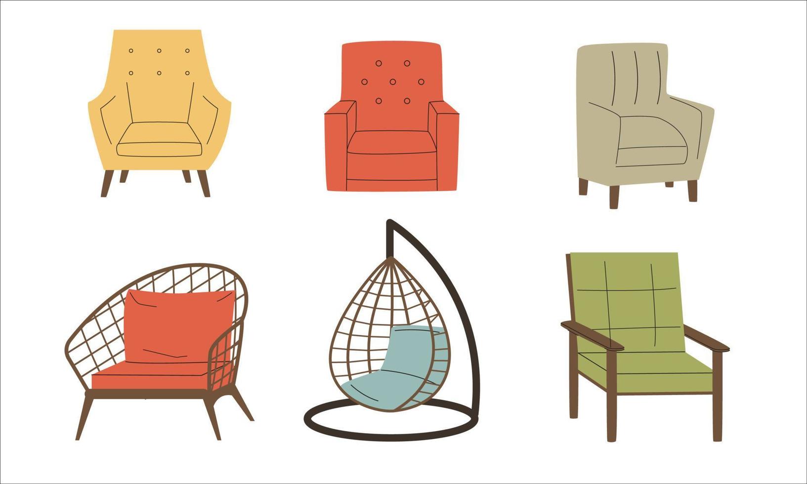 Set of armchair in trendy style.  Collection of fashionable chair. Scandinavian interior elements. Flat vector illustration.