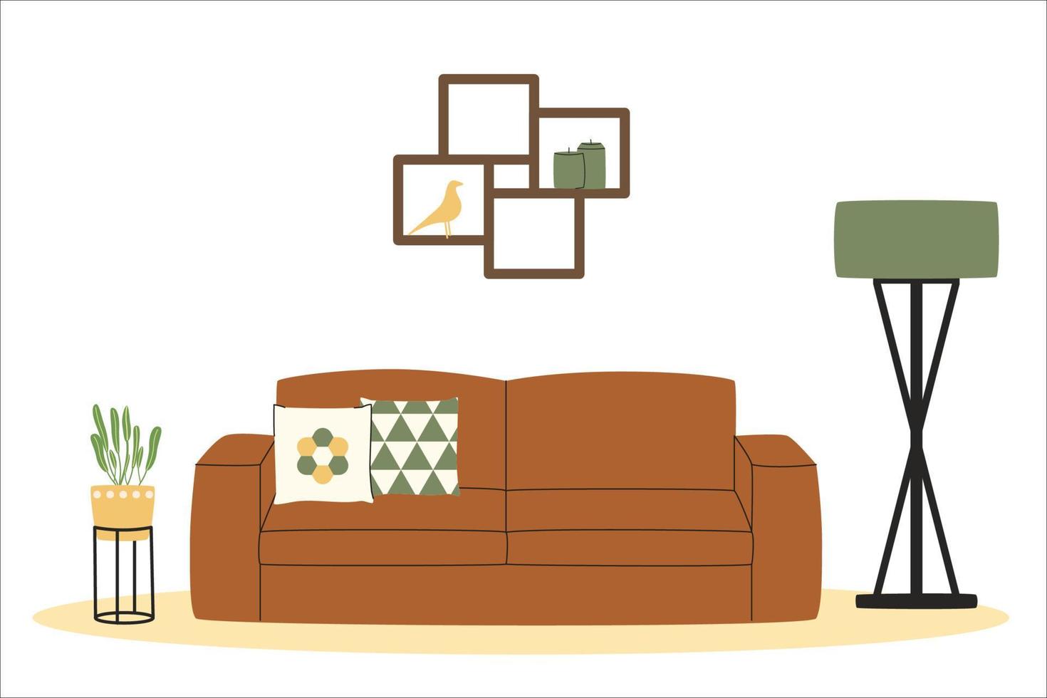 Cozy scandinavian interior. Living room. Couch and pedestal table. Hygge home. Flat vector illustration.
