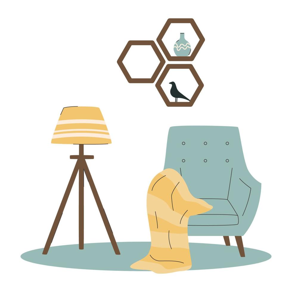 Scandinavian interior. Armchair with blanket and lamp. Cozy living room flat vector illustration. Trendy scandinavian hygge interior.