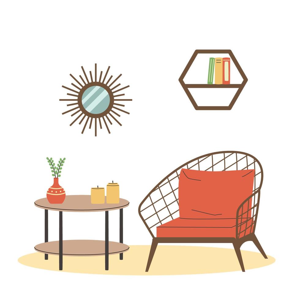 Scandinavian interior. Armchair and table. Cozy living room flat vector illustration. Trendy scandinavian hygge interior.