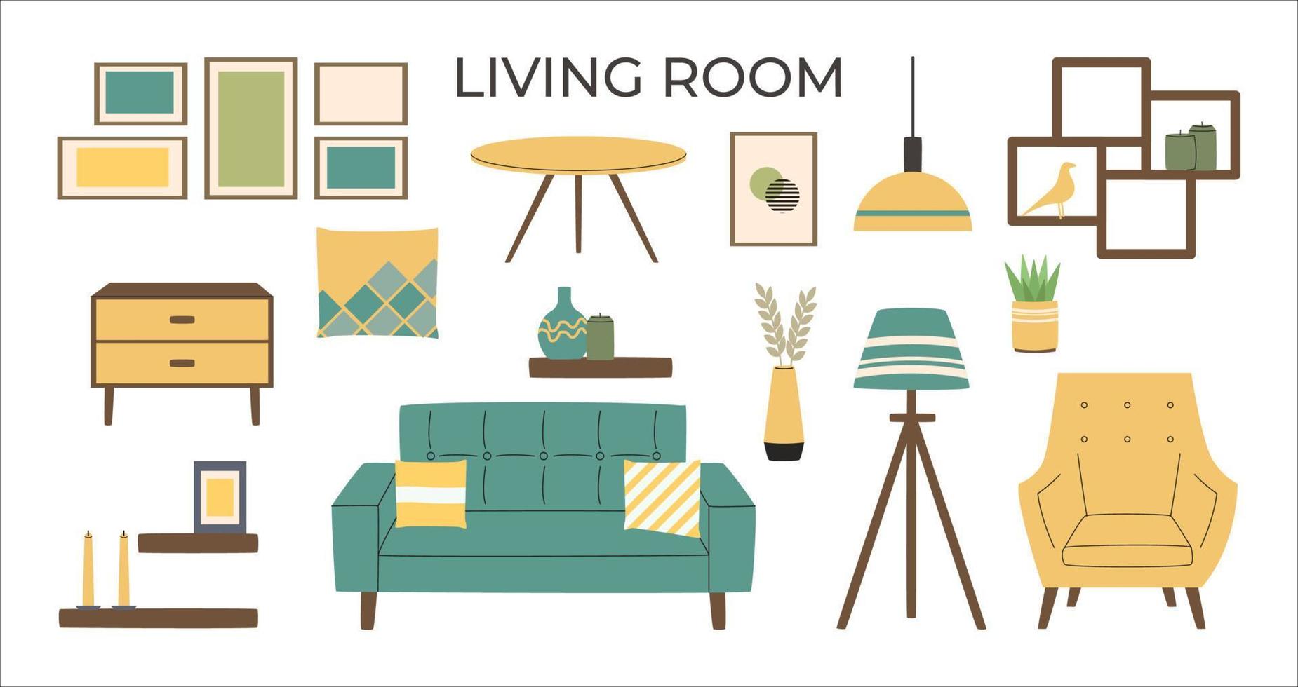 Scandinavian interior set. Cozy furniture. Living room furniture. Hygge style interior. Flat vector illustration.