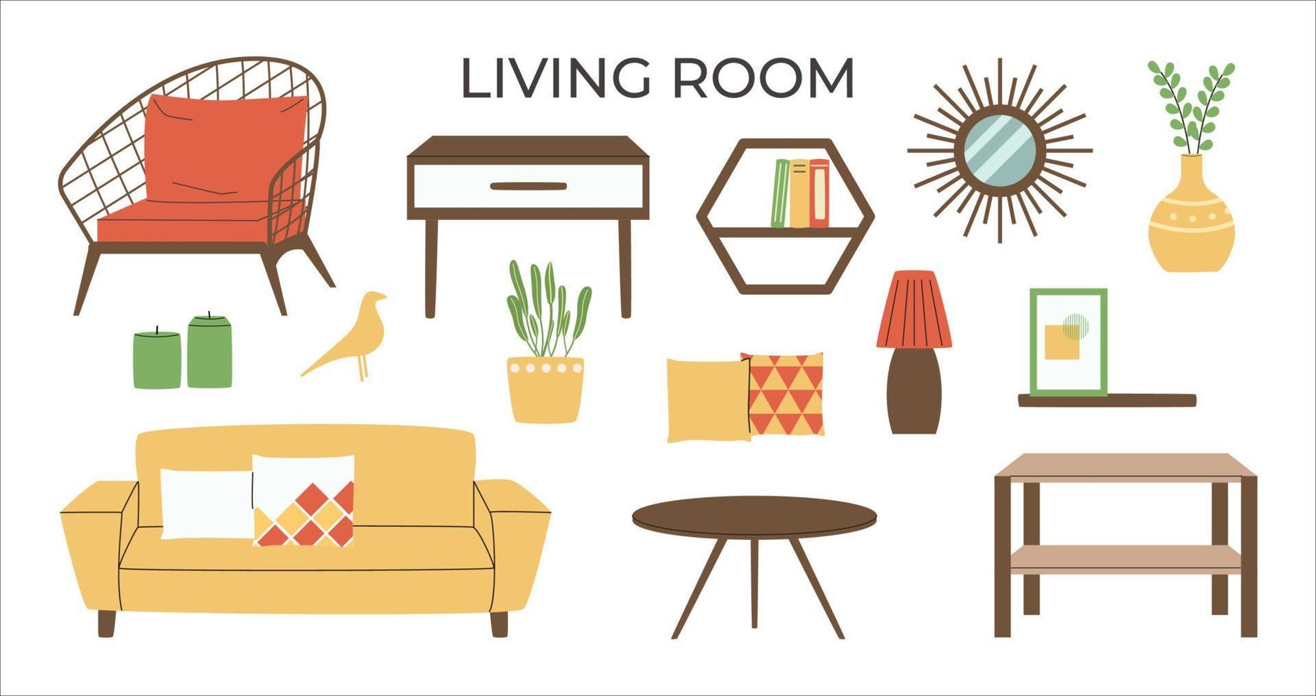 Scandinavian interior set. Cozy furniture. Living room furniture. Hygge style interior. Flat vector illustration.