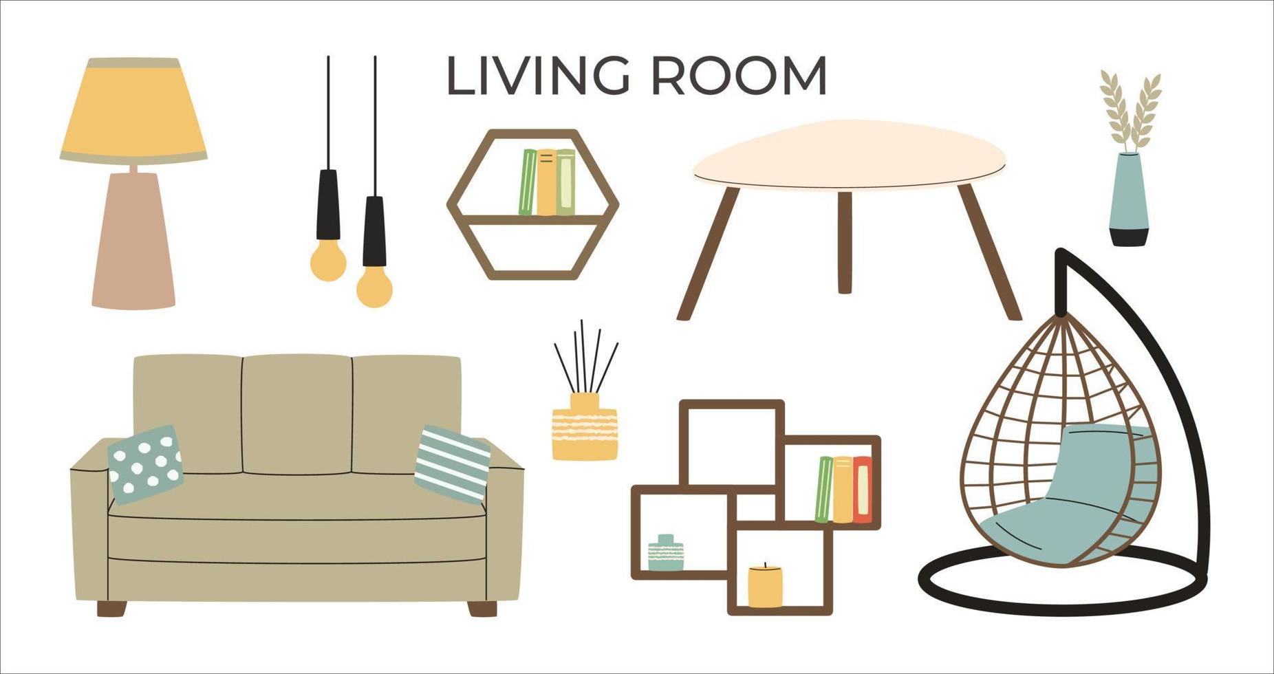 Scandinavian interior set. Cozy furniture. Living room furniture. Hygge style interior. Flat vector illustration.